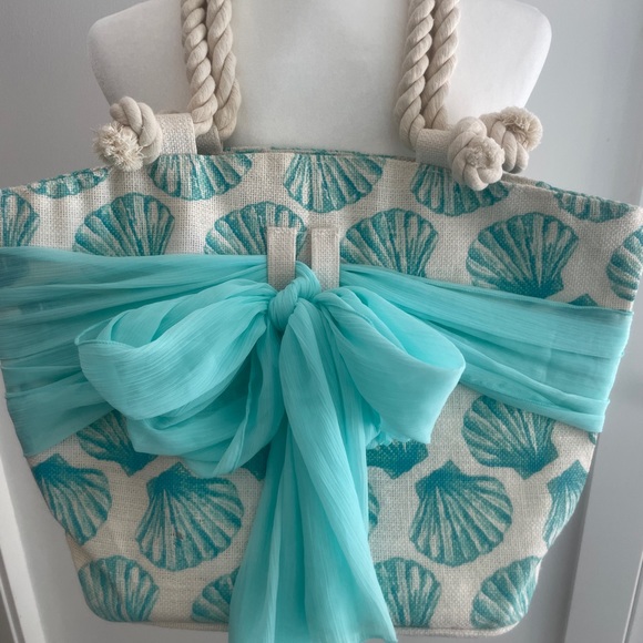 MUDPIE - Aqua Colored Seashells Print Tote/Bag - Picture 7 of 7
